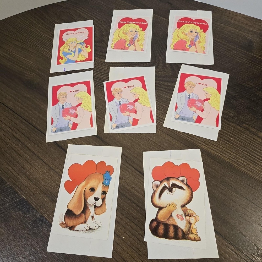 Vintage 1980s Valentine Cards Barbie Animals Lot of 8 Retro‎ Envelopes